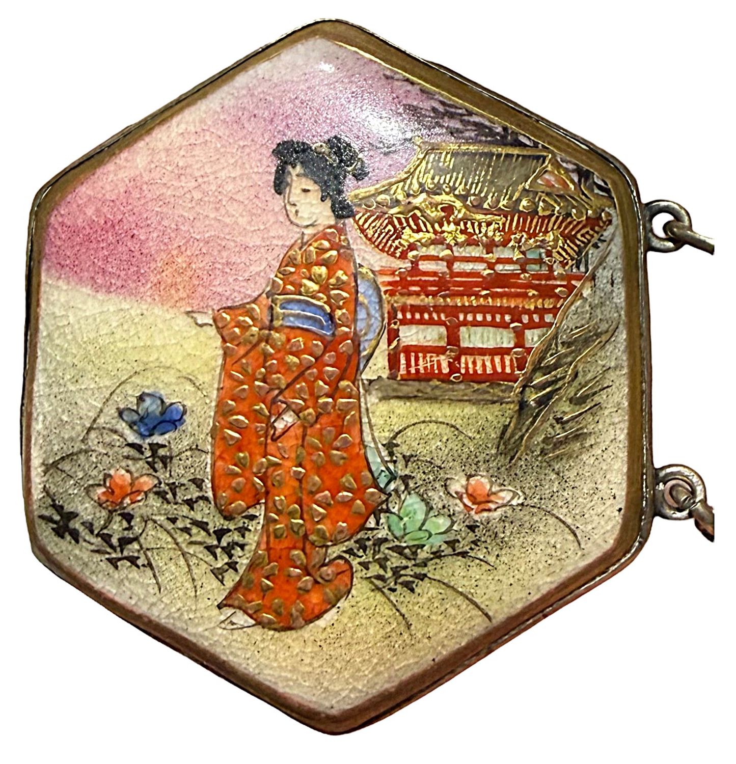 A RARE 19TH CENEURY SATSUMA BELT WITH 15 diamond shaped Satsuma sections at 1  1/4" each plus a large 1  3/8" hexagonal section. fabulous belt.