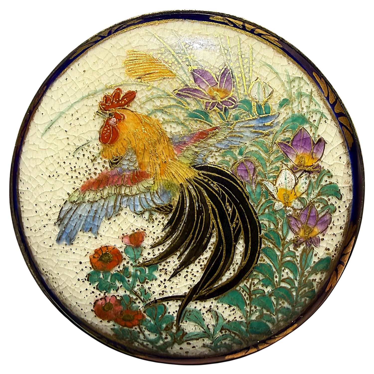 An extra Large 19th century Satsuma rooster in metal, a button originally converted to a pin