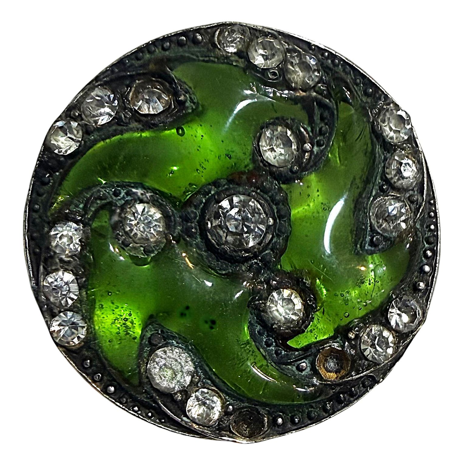 A division one GREEN Plique A Jour Enamel Button!