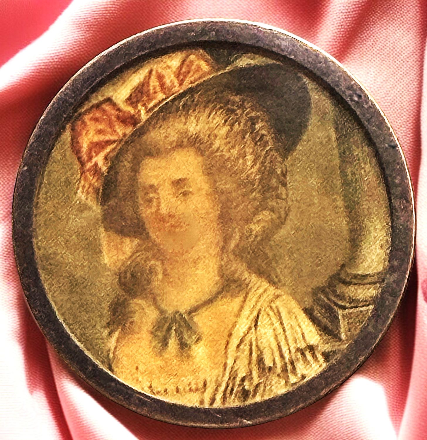 A very large and finely detailed 19th century painting on silk under glass button!