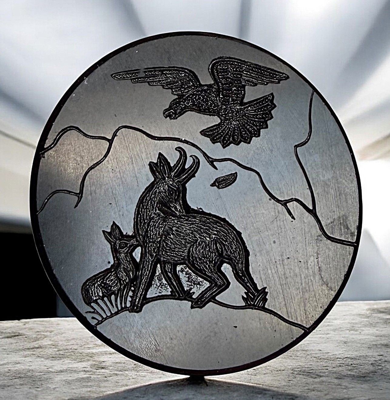 A Very RARE 19th century large Black Glass Pictorial Fable Button!