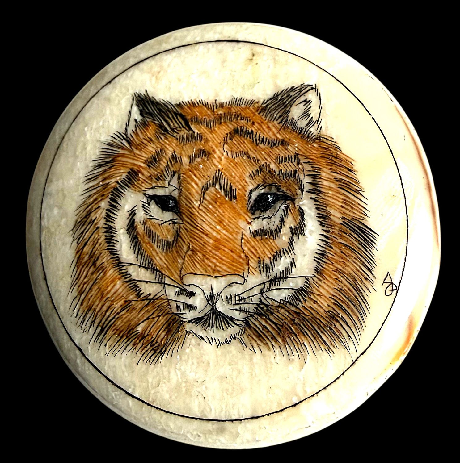 A beautifully carved and engraved detailed Tiger head on Natural Material!