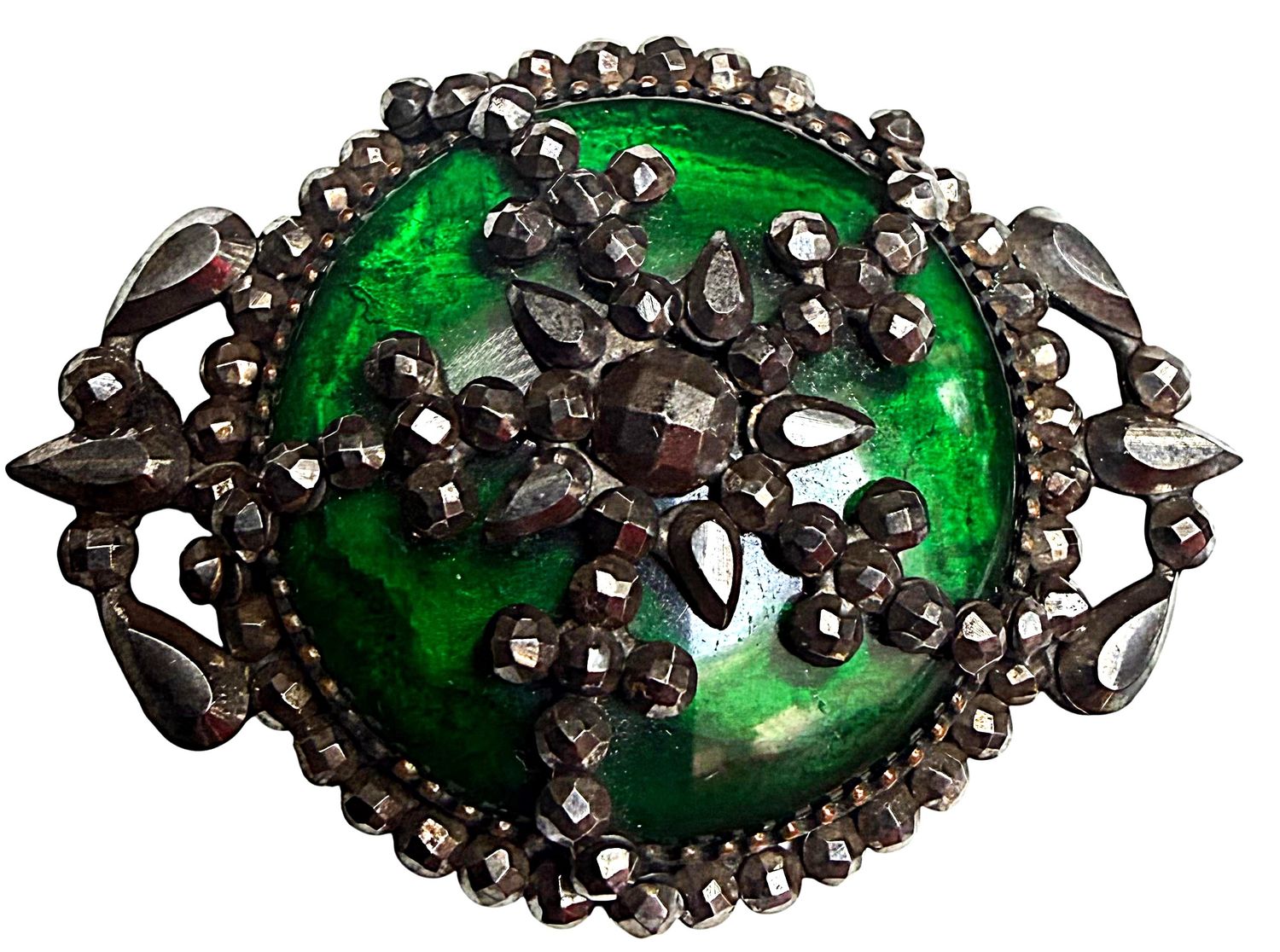 A rare and unusual Green glass in metal button!