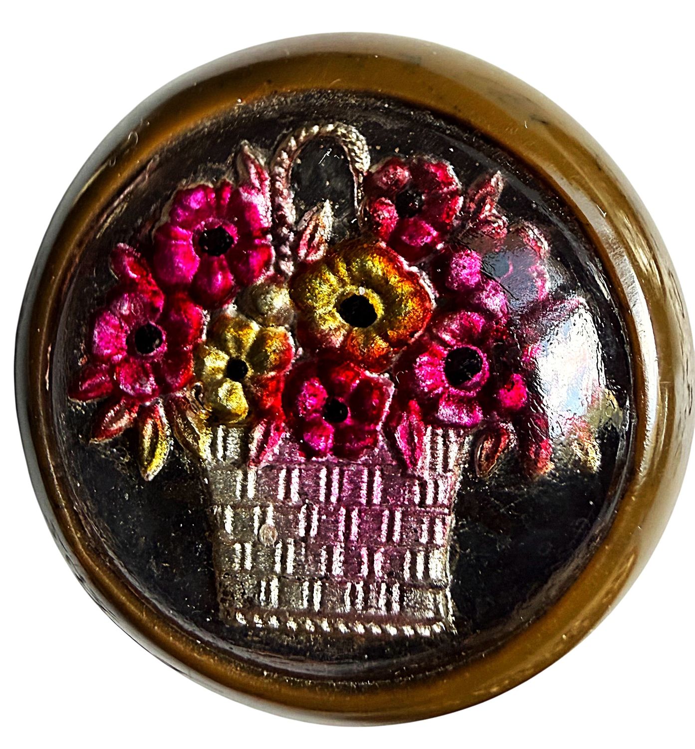 A gorgeous glass in Bakelite Button with a basket!