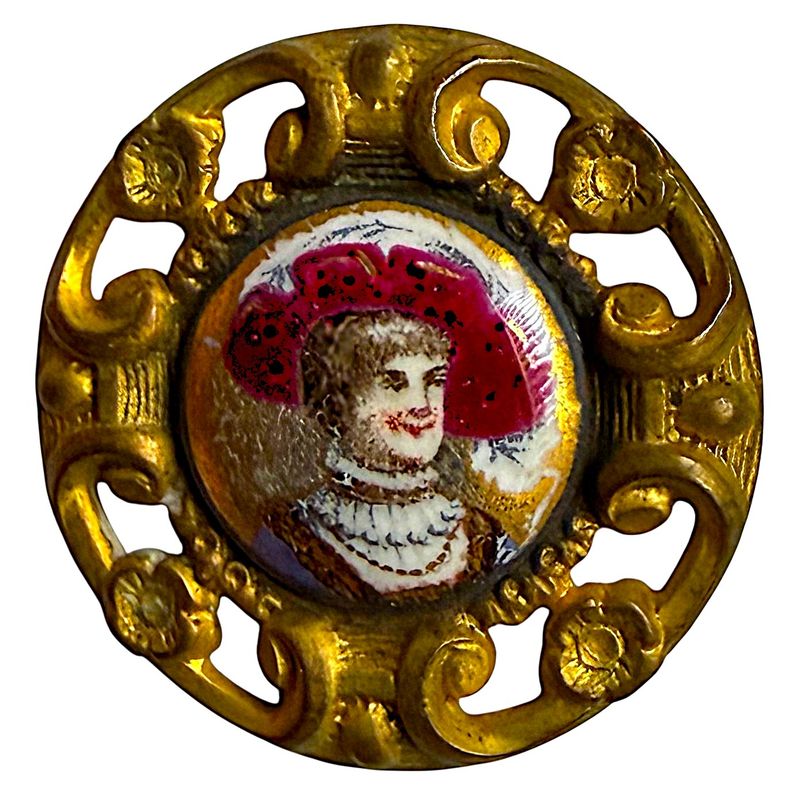 A MEDIUM 19TH CENTURY HAND PAINTED PORCELAIN IN METAL BUTTON