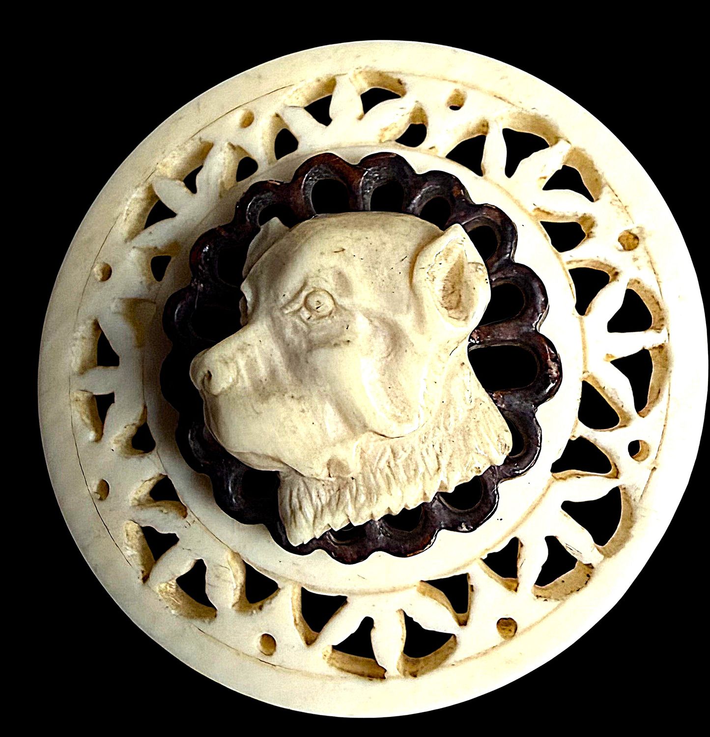 A Large division one carved natural material dog button