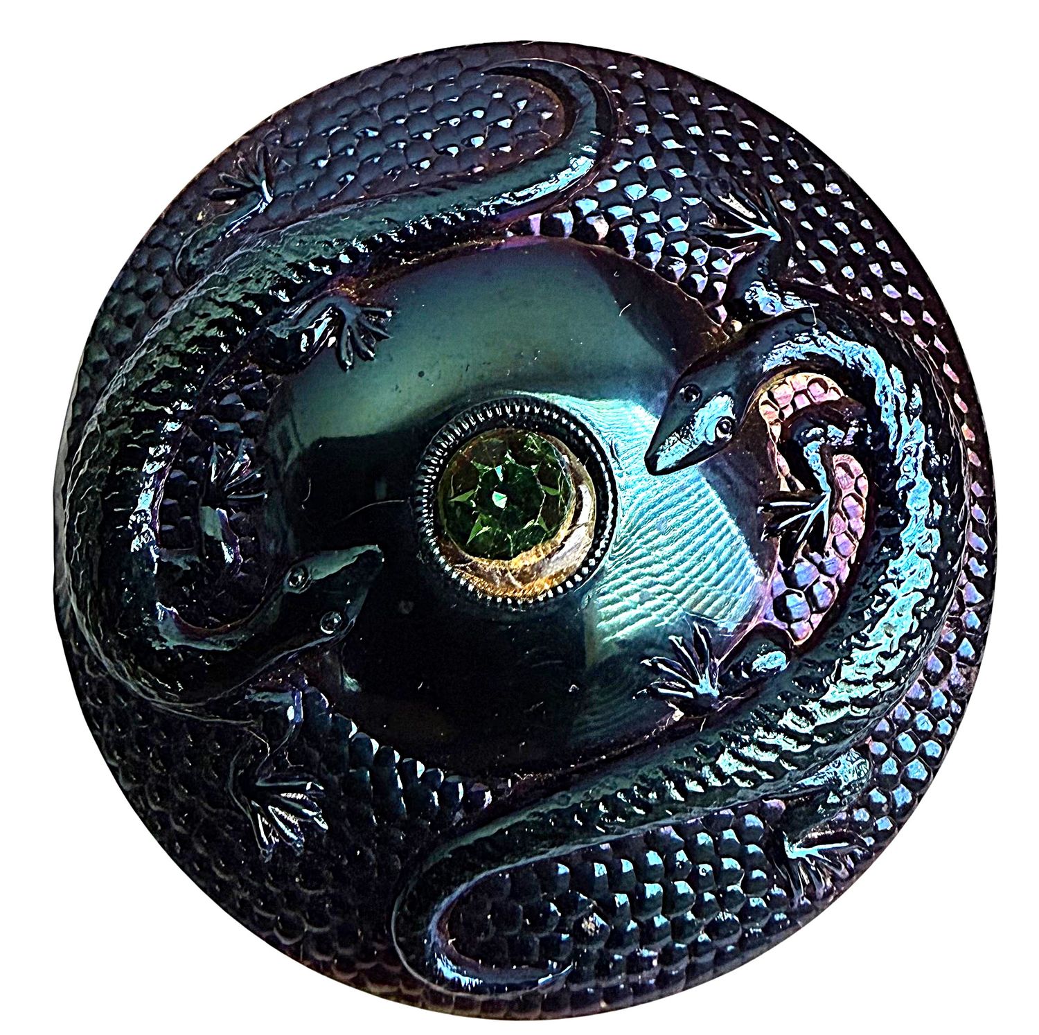 A BEAUTIFUL DIVISION THREE BLACK GLASS  LIZARD BUTTON