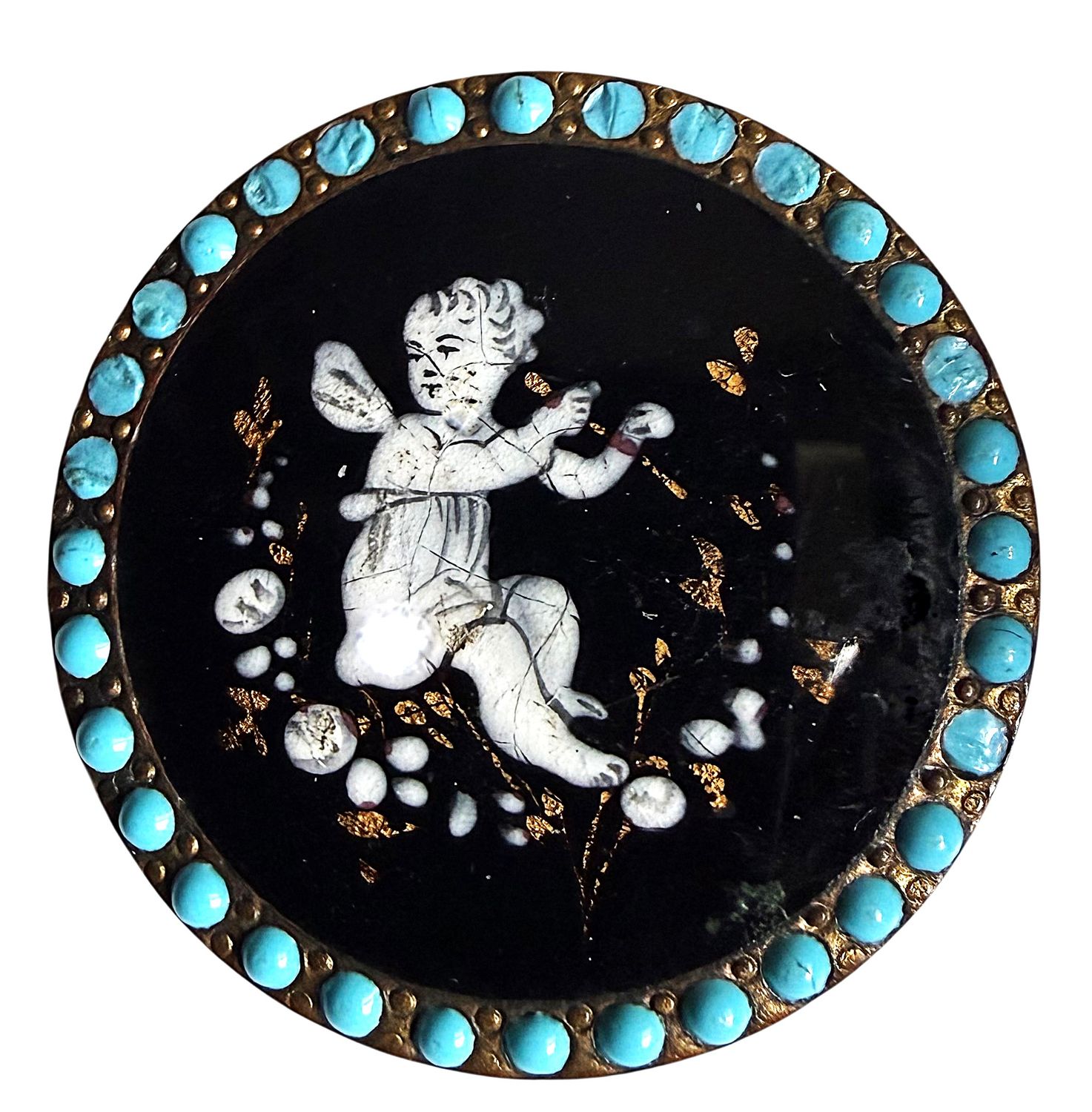 A Gorgeous large 19th century Enamel Cherub Button