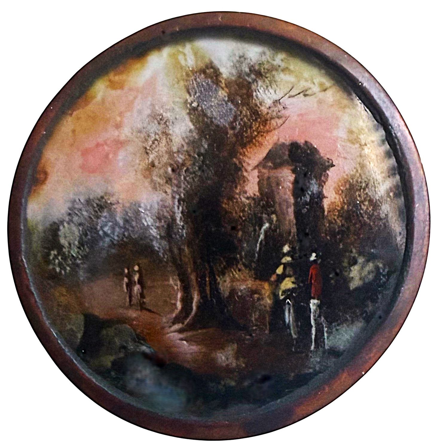 An 18th century hand painted munder glass scene button