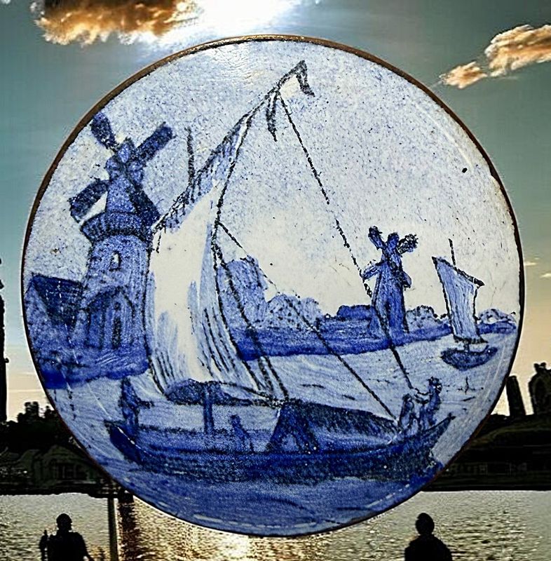 A MEDIUM SIZE DELFT  ENAMEL MARINE SCENE