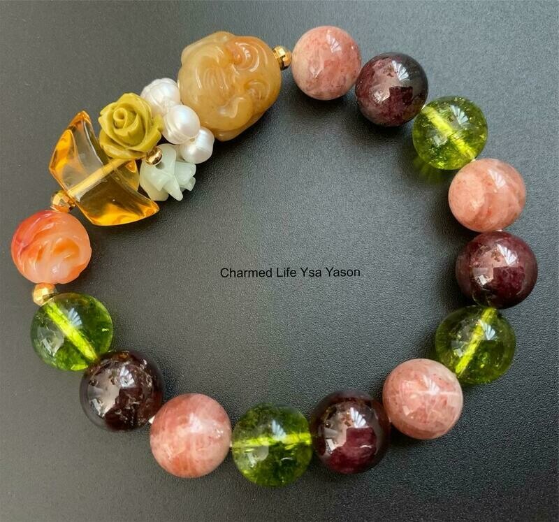 Yellow Jade, Laughing Buddha, Ingot, Carnelian Peony, 12mm Peridot Quartz, Garnet, Sunstone Quartz