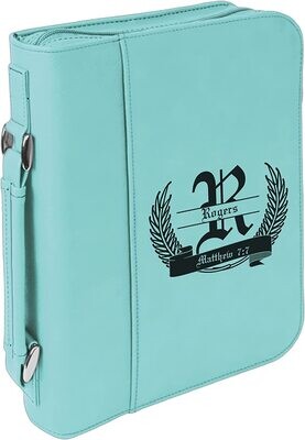 Personalized Large Leatherette Book/Bible Cover with Handle and Zipper | Coat of Arms Design | Fully Customizable | Laser Engraved | Gifts for Any Occasion (Teal Leatherette)