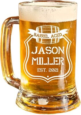 Personalized 16.oz Beer Mug | Barrel Aged Design | Clear Glass | Custom Made | Perfect for wedding gifts, anniversaries, birthday gifts, home warming gifts or graduation Personalized 16.oz Beer Mug | Barrel Aged Design | Clear Glass | Custom Made | Perfect for wedding gifts, anniversaries, birthday gifts, home warming gifts or graduation