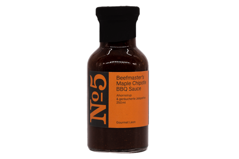 Gourmet Leon, Beefmasters Maple Chipotle BBQ Sauche NO. 5, 250 ml Flasche
(Grundpreis 30 EUR / 1 L)