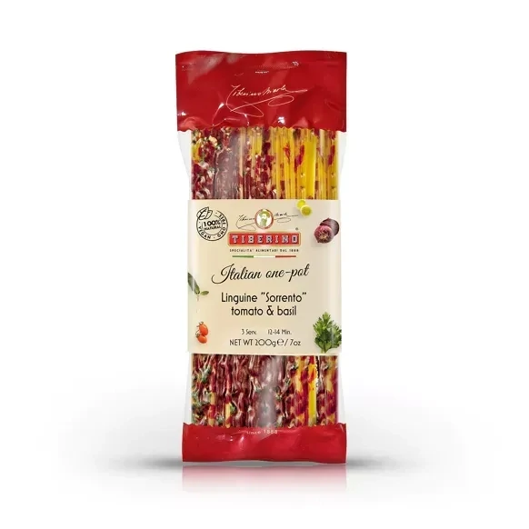 Tiberino, Linguine Tiberino, Linguine "Sorrento" mit Tomatensauce & Basilikum, küchenfertige italienische Pasta im Bronzeschliff mit Gewürzen - 3 Portionen, 200 g. (Grundpreis 34,75 € / 1 KG)