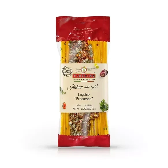 Tiberino, Linguine „Puttanesca“ mit Oliven & gesalzenen Kapern, scharfe Tomatensauce, küchenfertige italienische Pasta im Bronzeschliff mit Gewürzen, 200 g. (Grundpreis 34,75 € / 1 KG) Tiberino, Linguine „Puttanesca“ mit Oliven & gesalzenen Kapern, scharfe Tomatensauce, küchenfertige italienische Pasta im Bronzeschliff mit Gewürzen, 200 g. (Grundpreis 34,75 € / 1 KG)