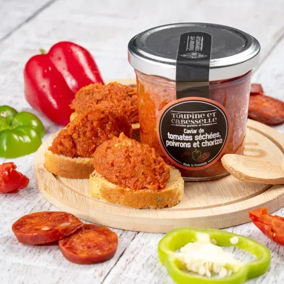 Aufstrich aus Sonnengetrocknete Tomaten, Paprika und Chorizo-Kaviar, 90g. Grundpreis 44,55 € / 1KG