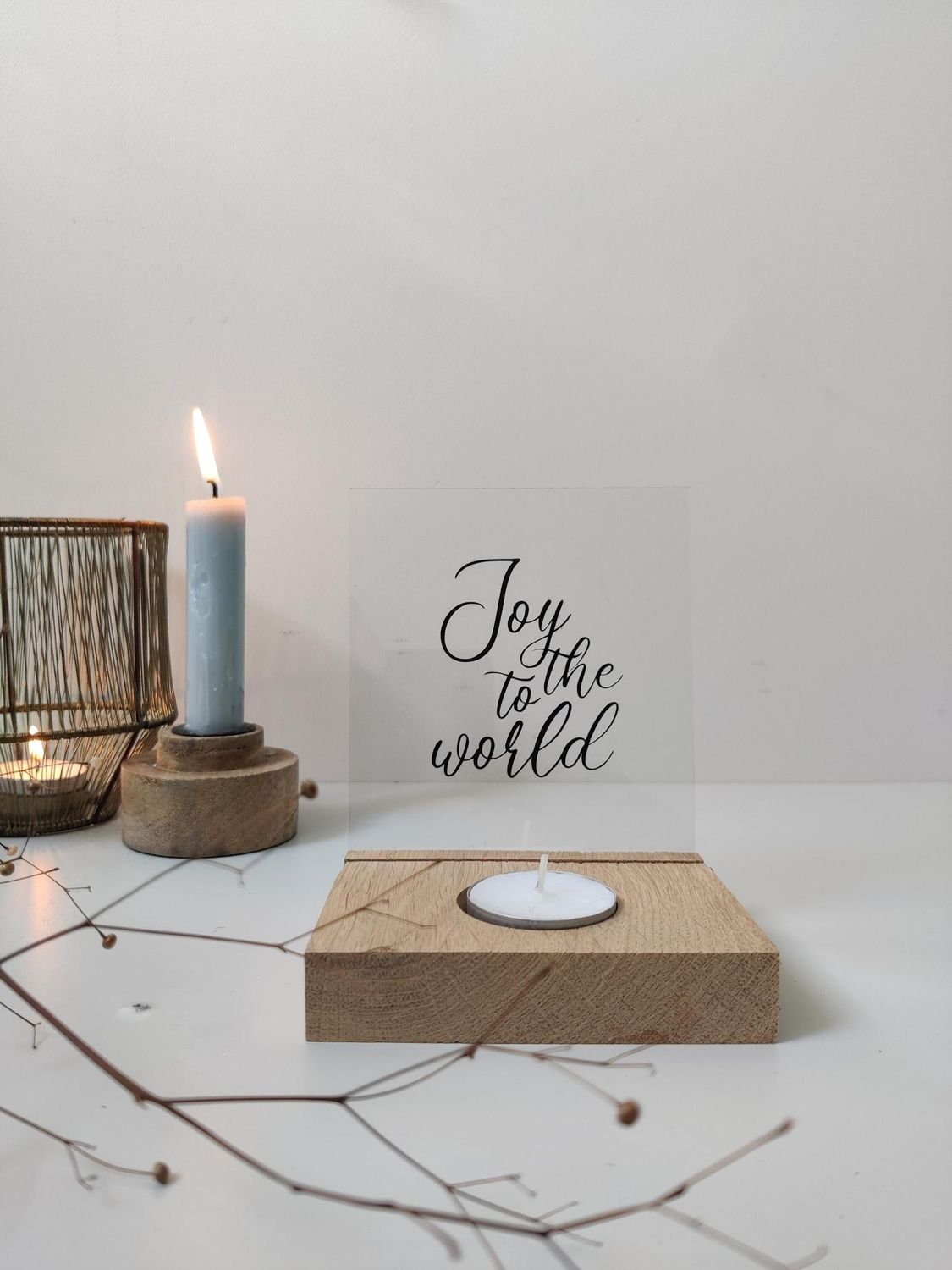 Waxinelichthouder + plexiglas Joy to the world Waxinelichthouder + plexiglas Joy to the world