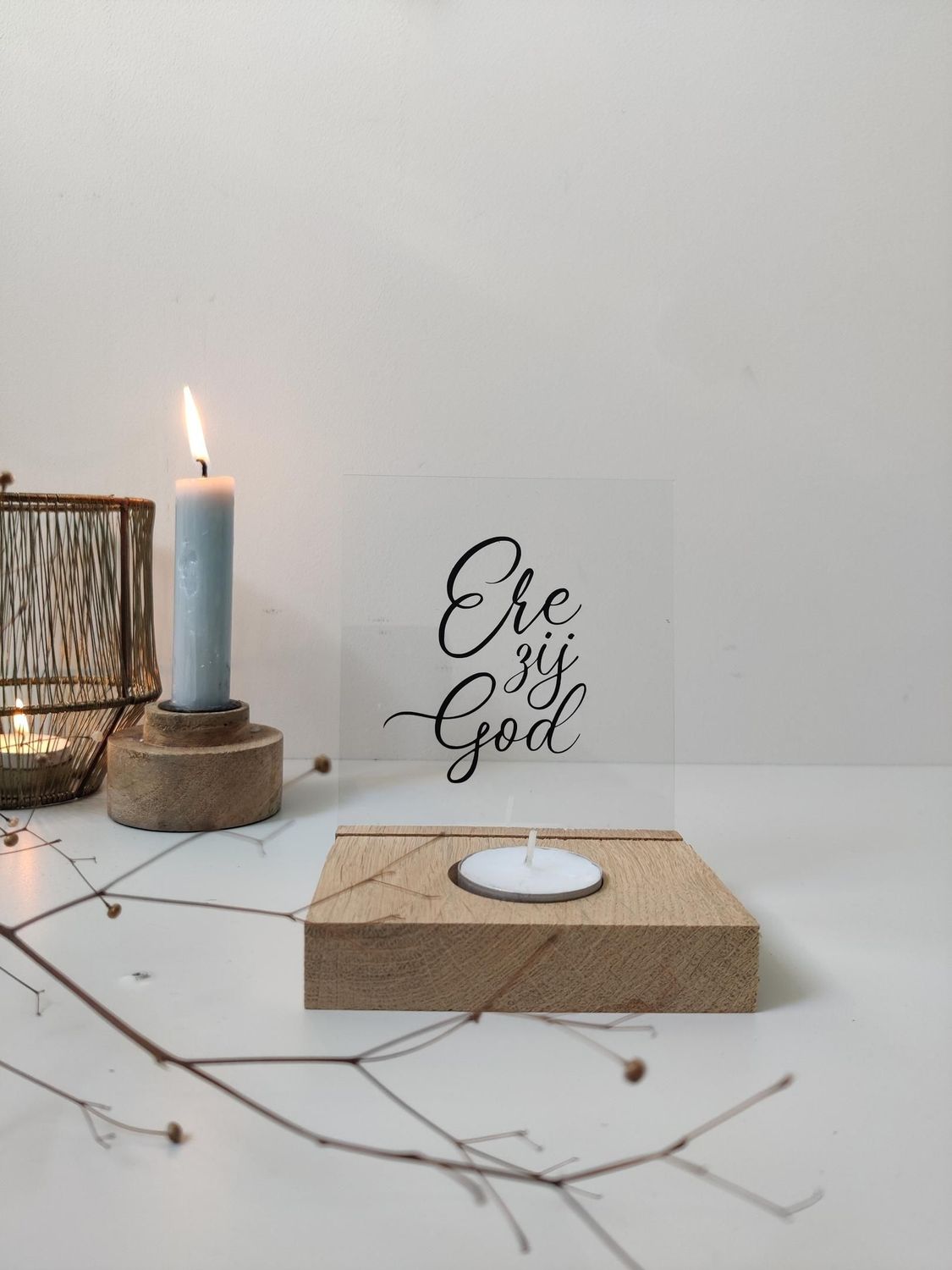 Waxinelichthouder + plexiglas Ere zij God Waxinelichthouder + plexiglas Ere zij God