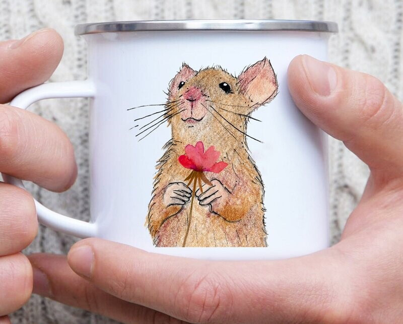 Emaille-Tasse "Maus mit Blüte"