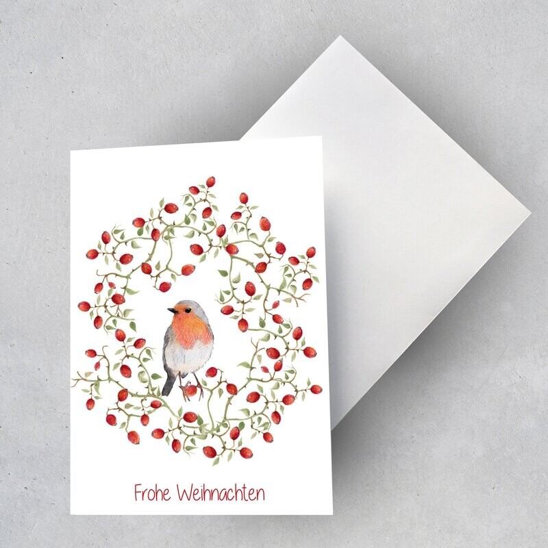 Weihnachtskarte Rotkehlchen im Hagebuttenkranz (3 Karten) Weihnachtskarte Rotkehlchen im Hagebuttenkranz (3 Karten)