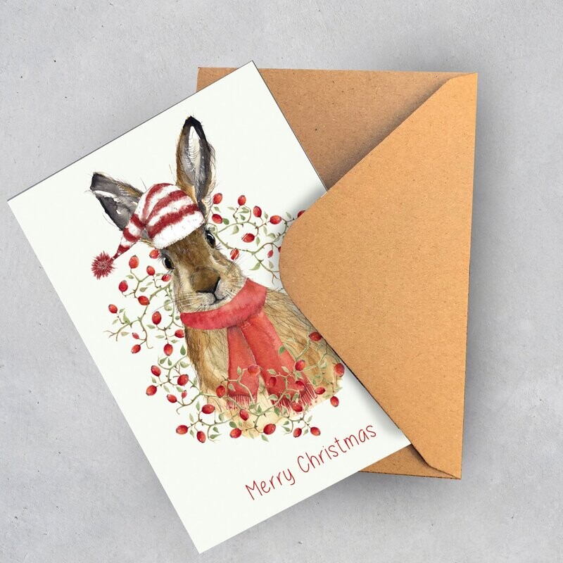 Weihnachtskarte Weihnachtskarte "Hase im Hagebuttenkranz" (3 Karten)