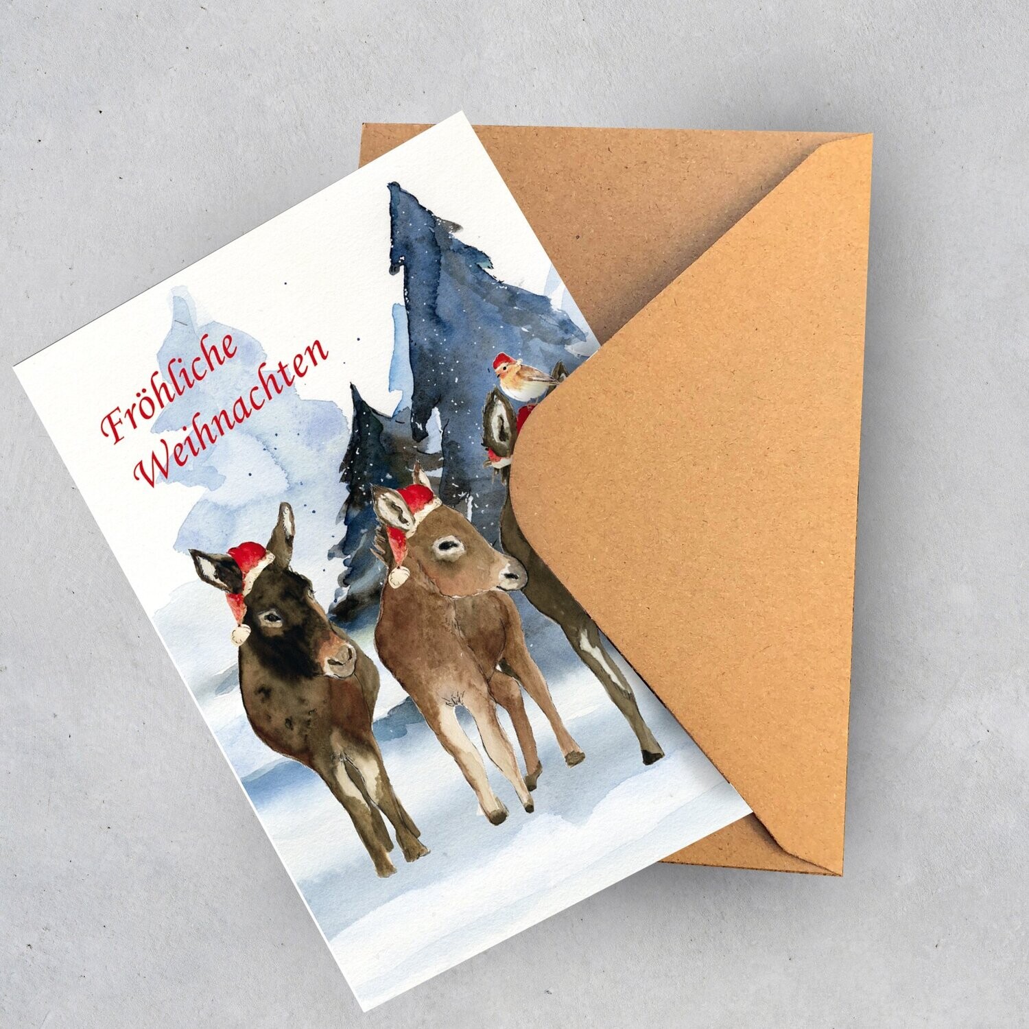 3 x Weihnachtskarte "drei Esel im Schnee"