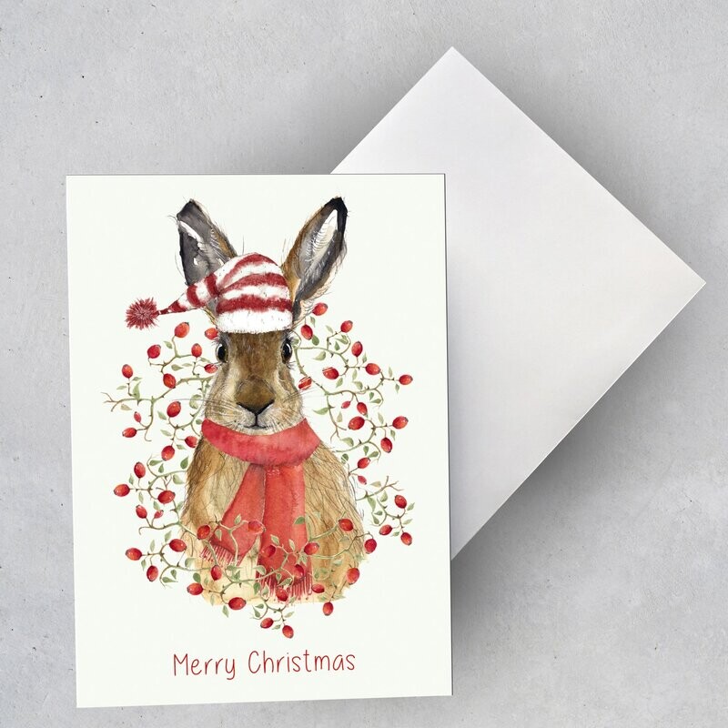 Weihnachtskarte Weihnachtskarte "Hase im Hagebuttenkranz" (3 Karten)