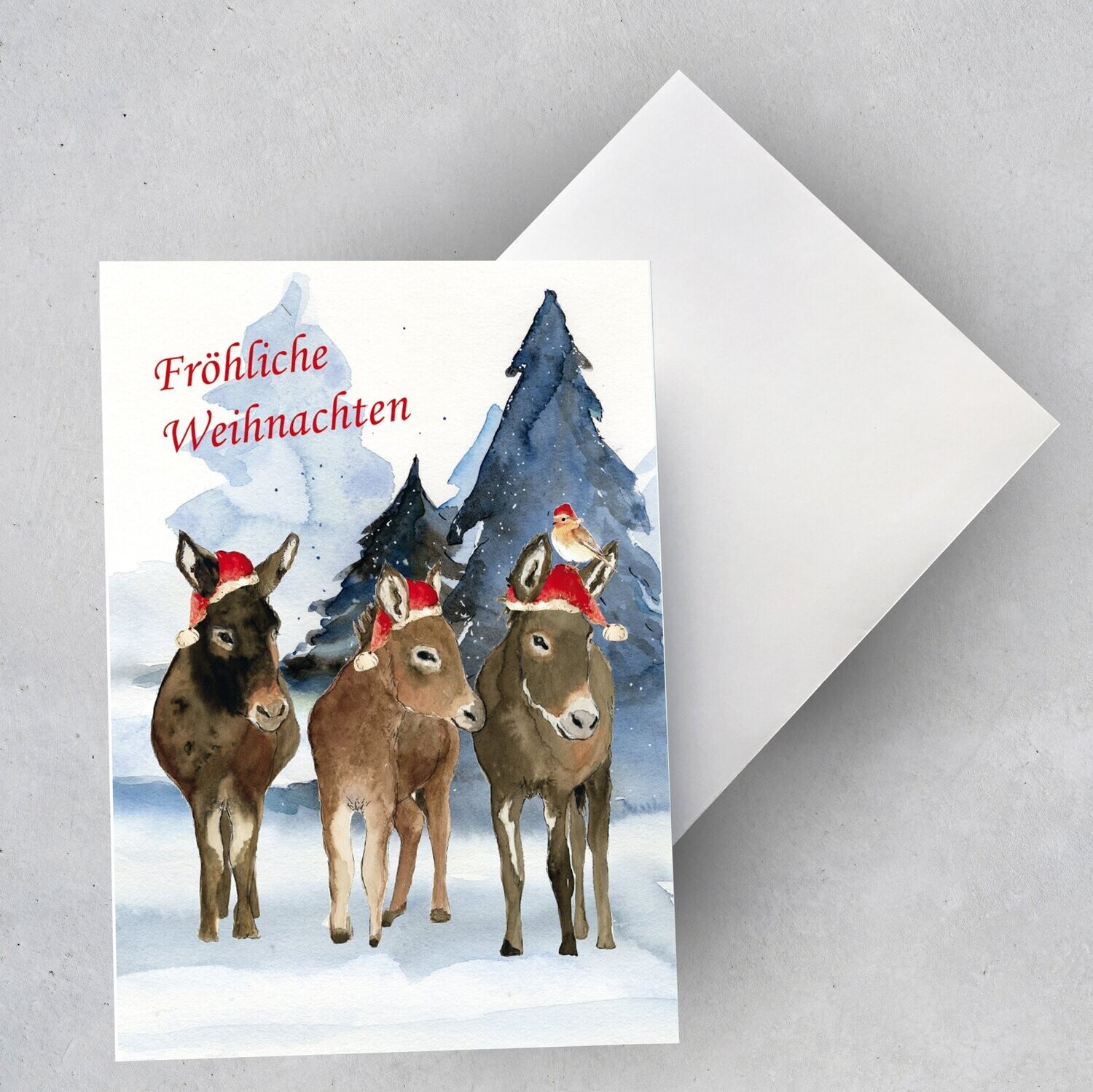 3 x Weihnachtskarte "drei Esel im Schnee"