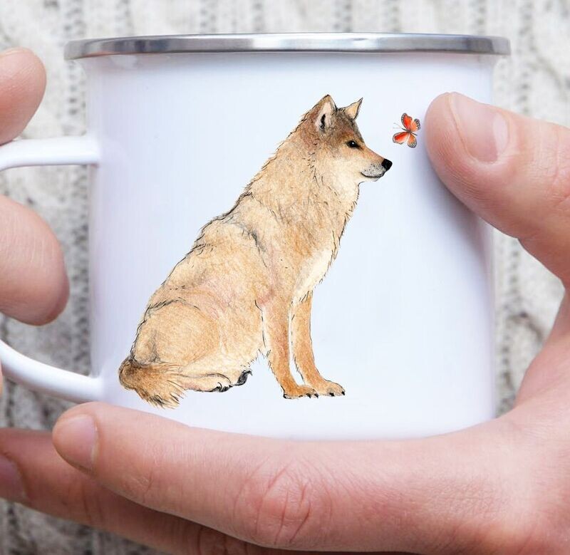 Emaille-Tasse Emaille-Tasse "Wolf mit Schmetterling"