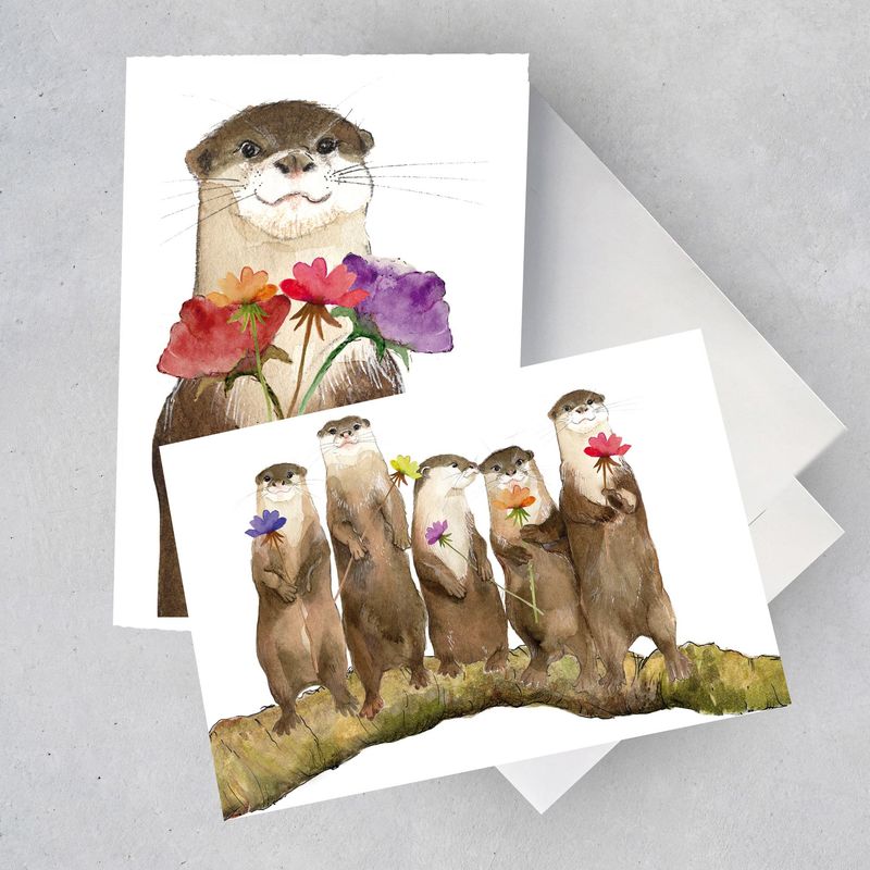 Grußkarten Grußkarten "Happy Otter with Flowers" (2 Karten)