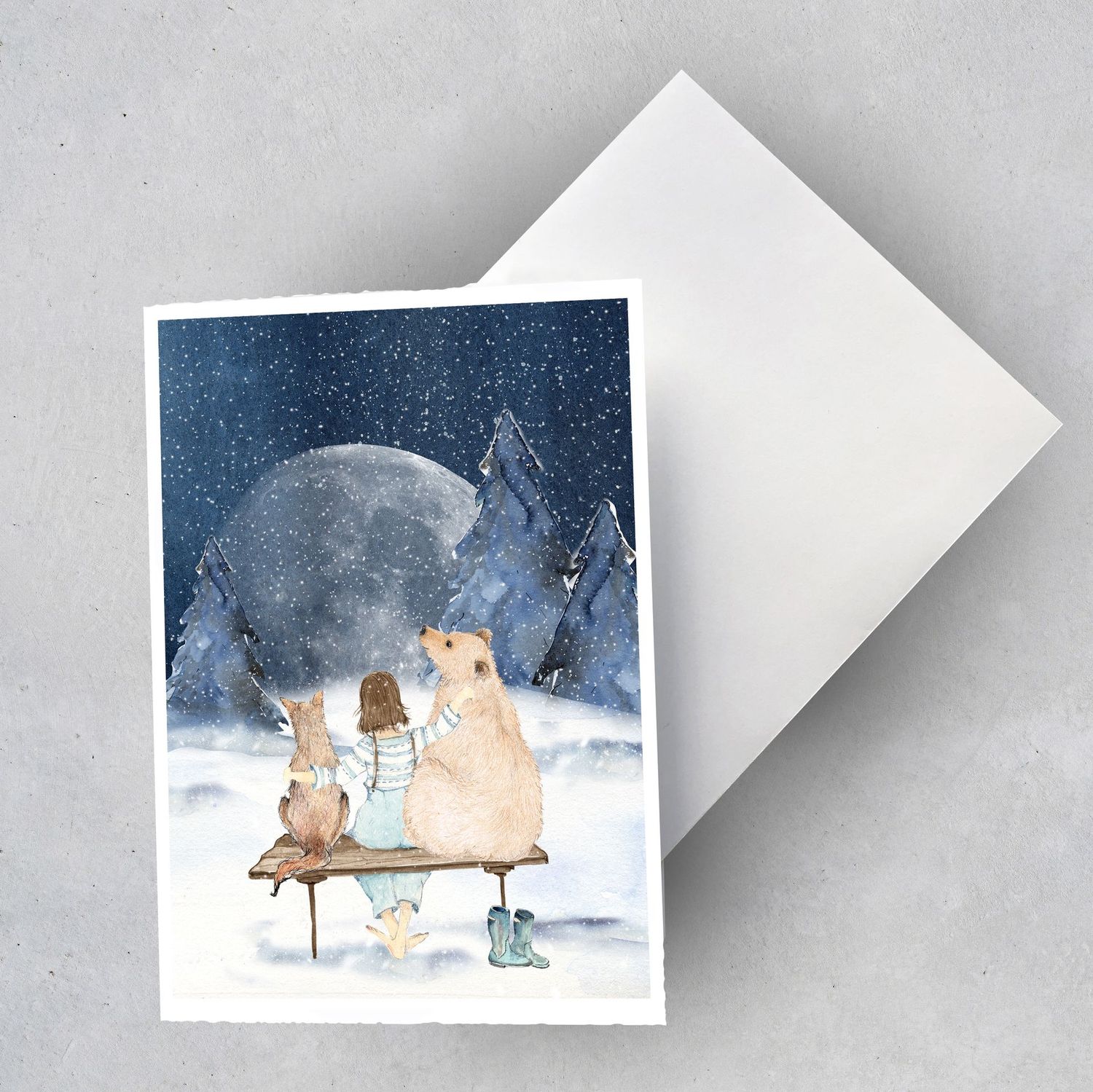 2 x Weihnachtskarte "Freunde und der Mond" (2 Karten)