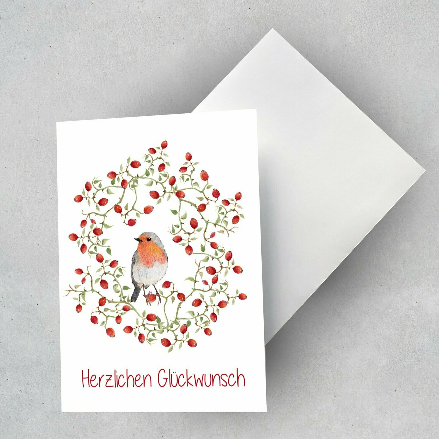 Grußkarte "Rotkehlchen im Hagebuttenkranz"
