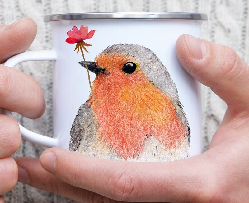 Emaille-Tasse "Rotkehlchen mit Blüte"