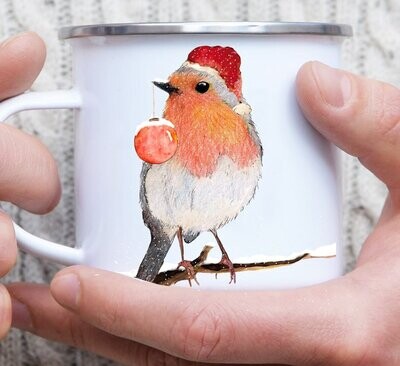 Emaille-Tasse "Weihnachtsrobin"