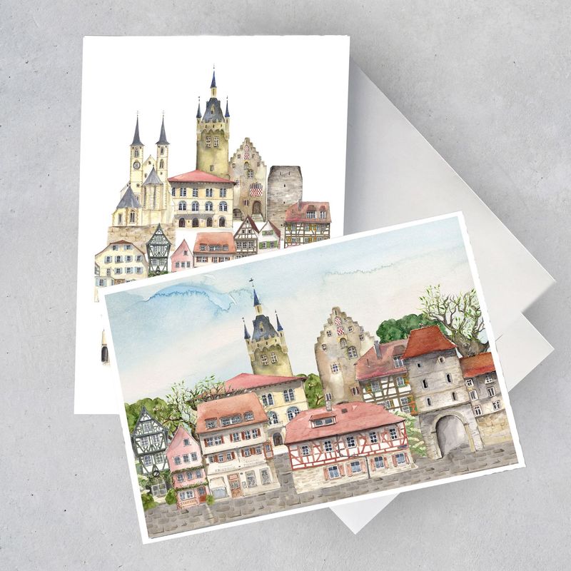 Geschenkkarten-Set Aquarellzeichnung von Bad Wimpfen mit schönen Fachwerkhäusern und Sehenswürdigkeiten wie Blauer Turm und Steinhaus