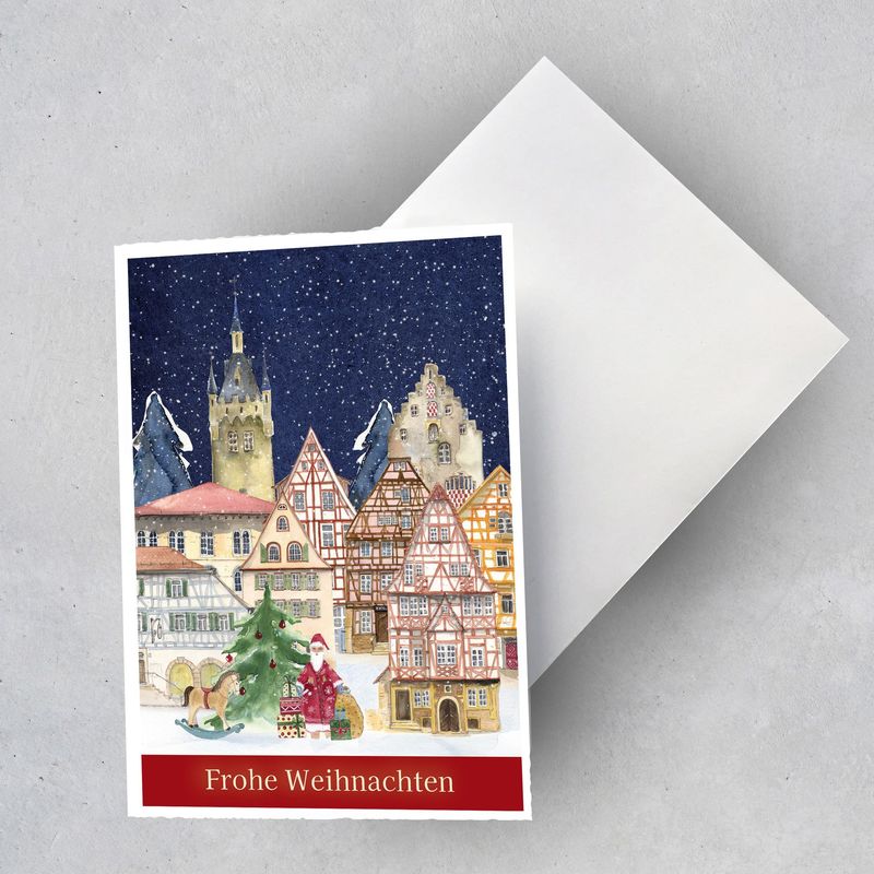 Aquarellzeichnung von Bad Wimpfen im Winter mit schönen Fachwerkhäusern Nikolaus, Blauer Turm und Steinhaus