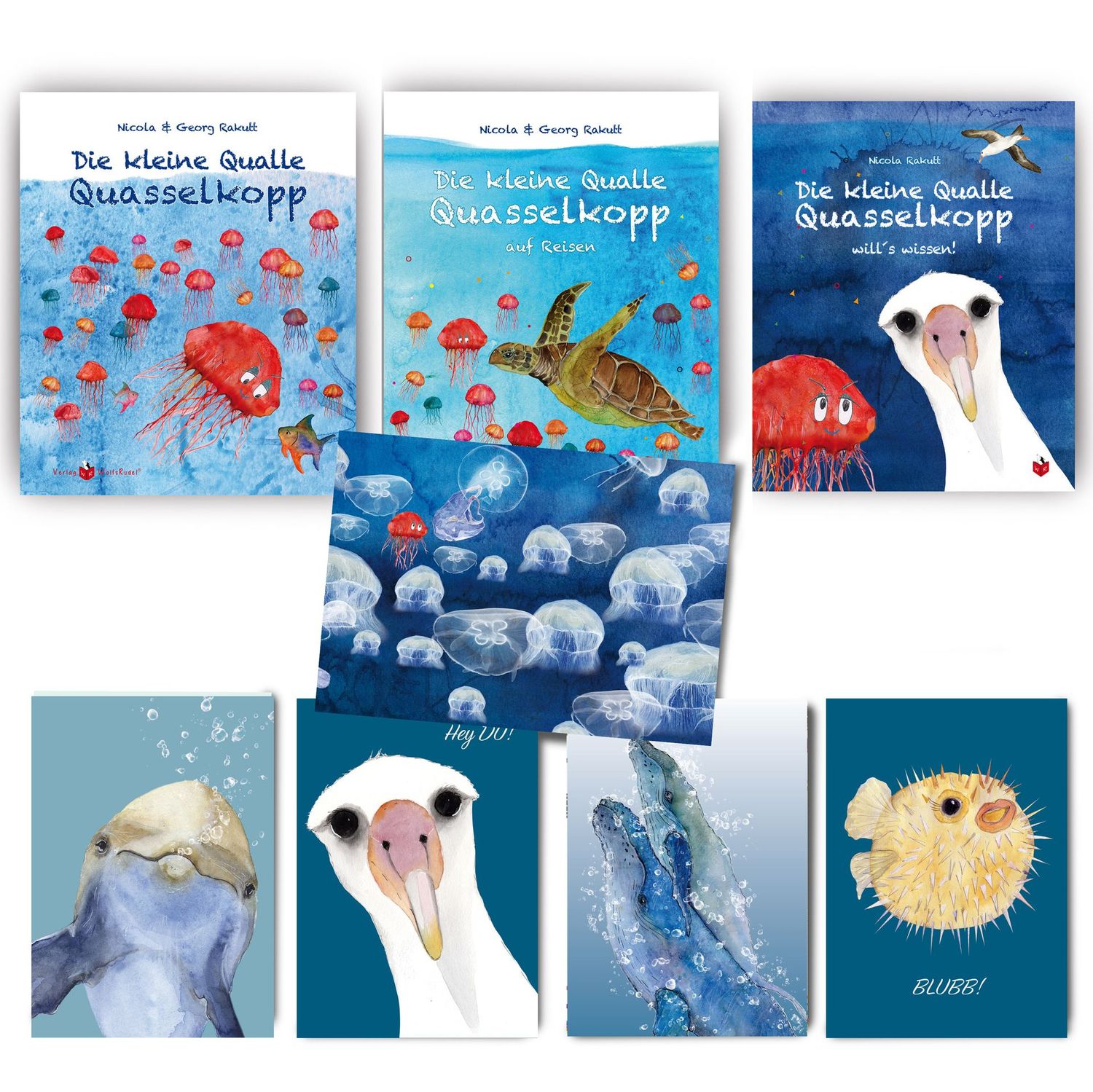 Übersichtsseite des Geschenksets mit allen Abbildungen der drei Bücher und der Postkarten