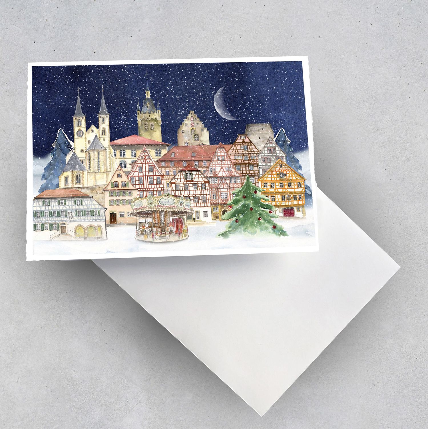 Weihnachtskarte mit einem zauberhaften Wintermotiv. Bad Wimpfener Fachwerkhäuser, Karusell und der Blaue Turm grüßen