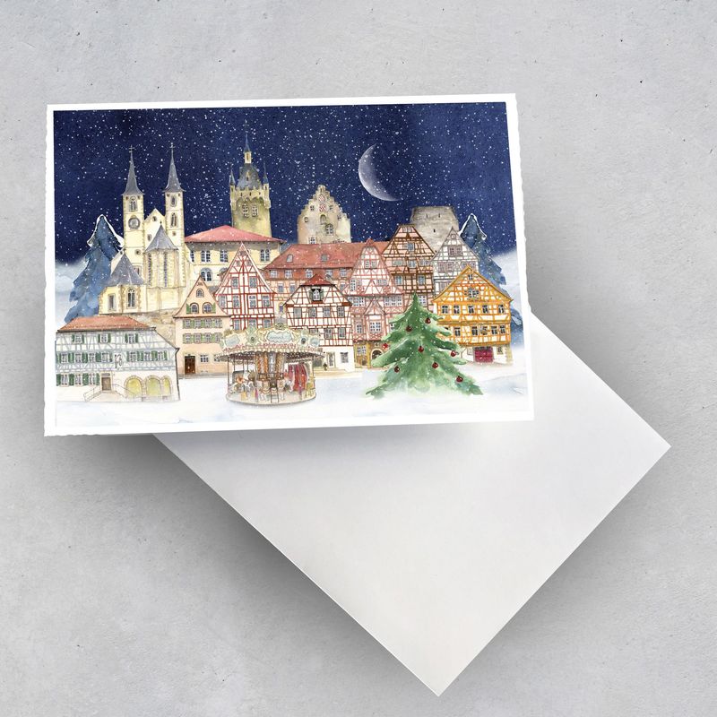 Weihnachtskarte mit einem zauberhaften Wintermotiv. Bad Wimpfener Fachwerkhäuser, Karusell und der Blaue Turm grüßen