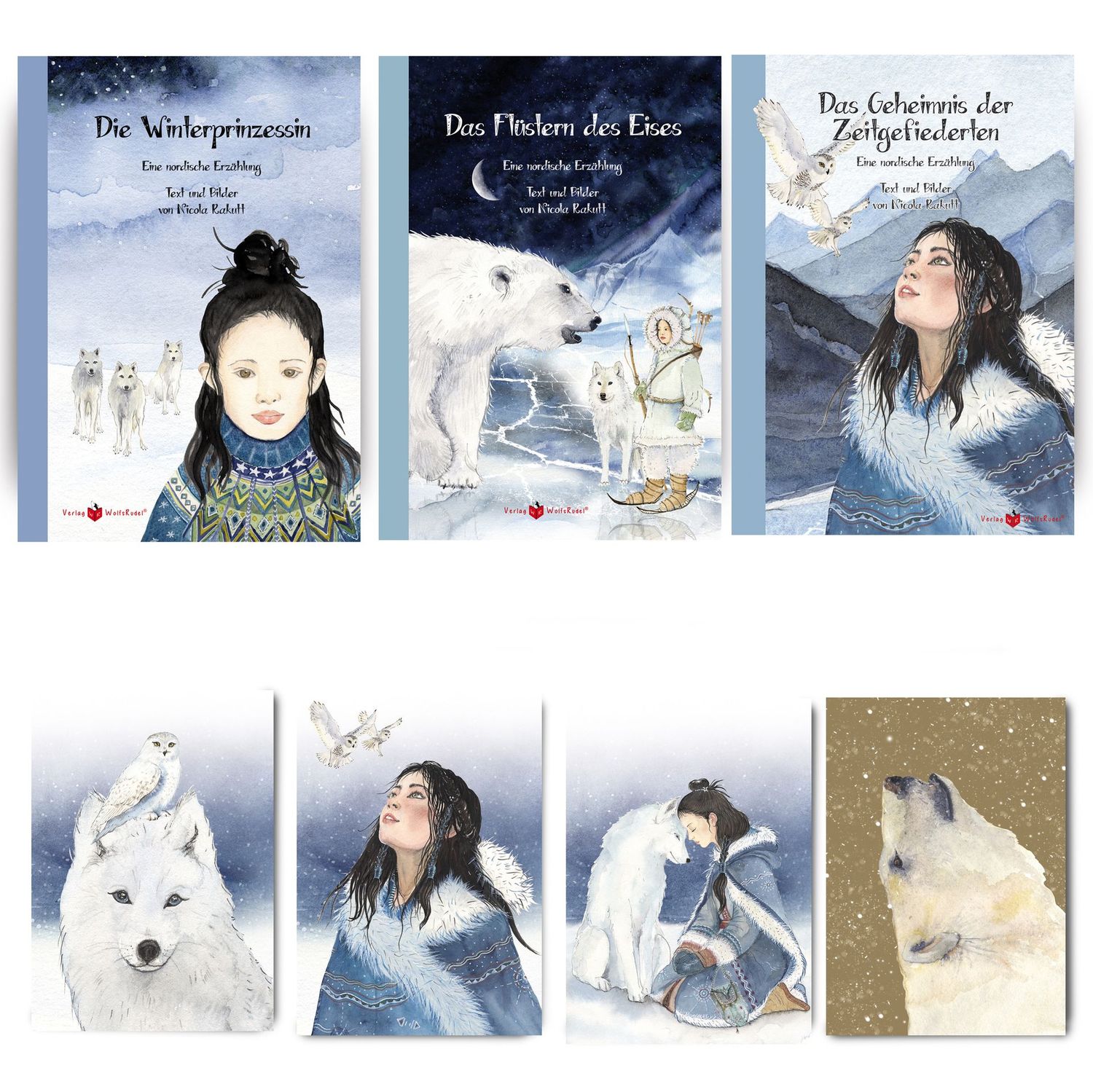 Geschenk-Set Geschenkset mit drei Büchern aus dem Thema Winterprinzessin und vier wunderschönen Postkarten im Aquarellstil