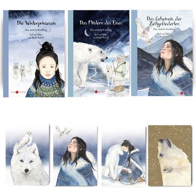 Geschenkset mit drei Büchern aus dem Thema Winterprinzessin und vier wunderschönen Postkarten im Aquarellstil