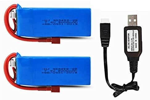 7.4V 3000mAh Lipo Battery T Plug for WLTOYS 144001 1/14 RC Car Upgrade Parts 2 Pack with USB Charger