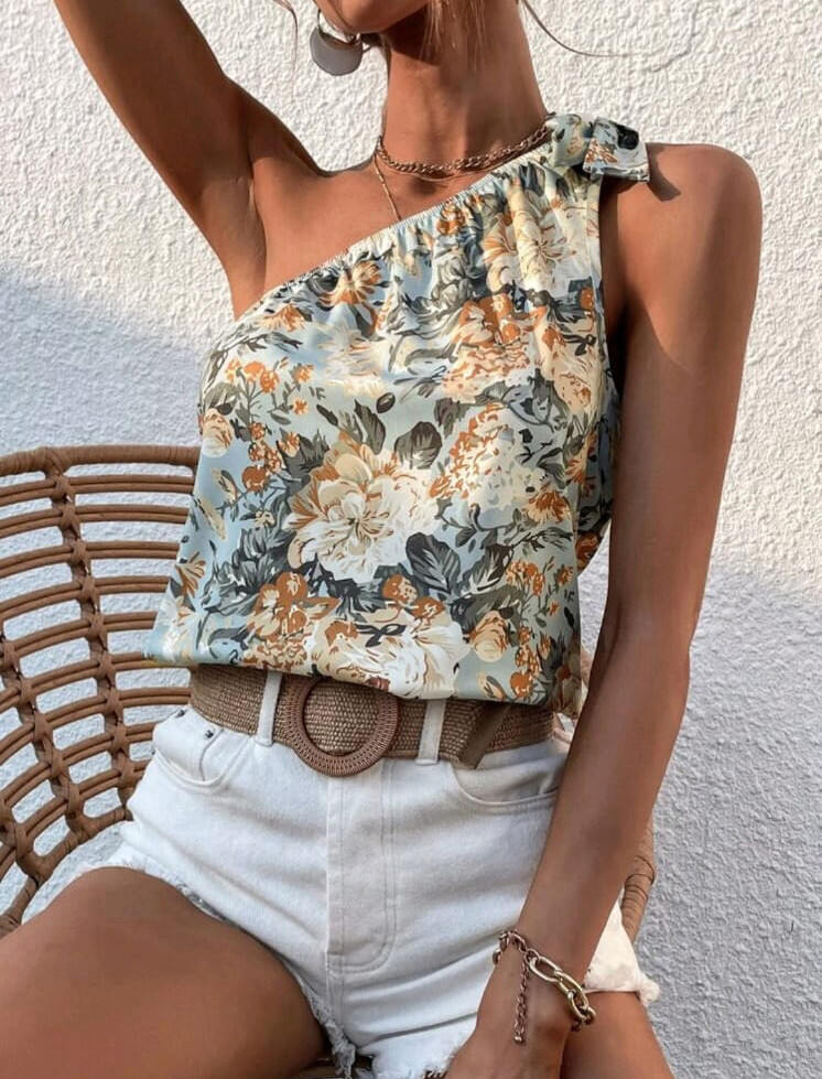 One Shoulder Floral Blouse
