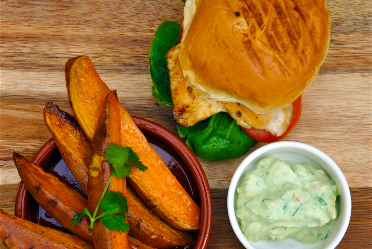 Chilli Chicken Burger and Sweet Potato Wedges