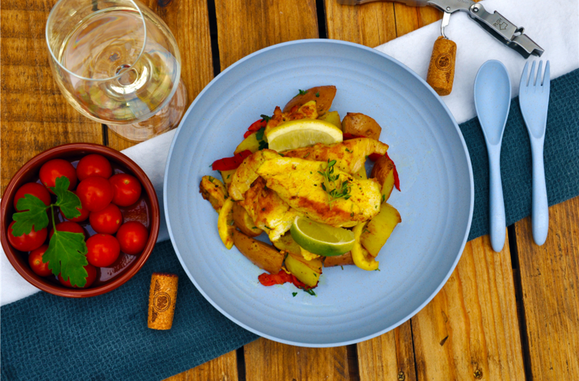 Pan Fried Chicken with Potatoes and Red Peppers