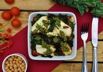 Baked Halloumi with Chickpeas and Greens