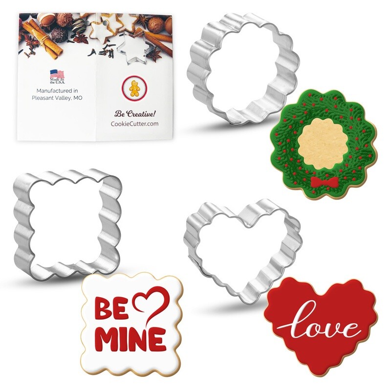 Mini Fluted Heart Round Square Cookie Cutter 3 Pc Set HS0468