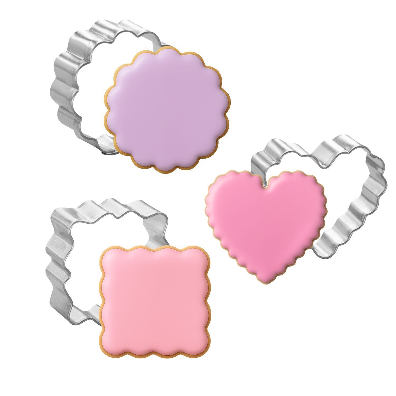 Mini Fluted Heart Round Square Cookie Cutter 3 Pc Set HS0468