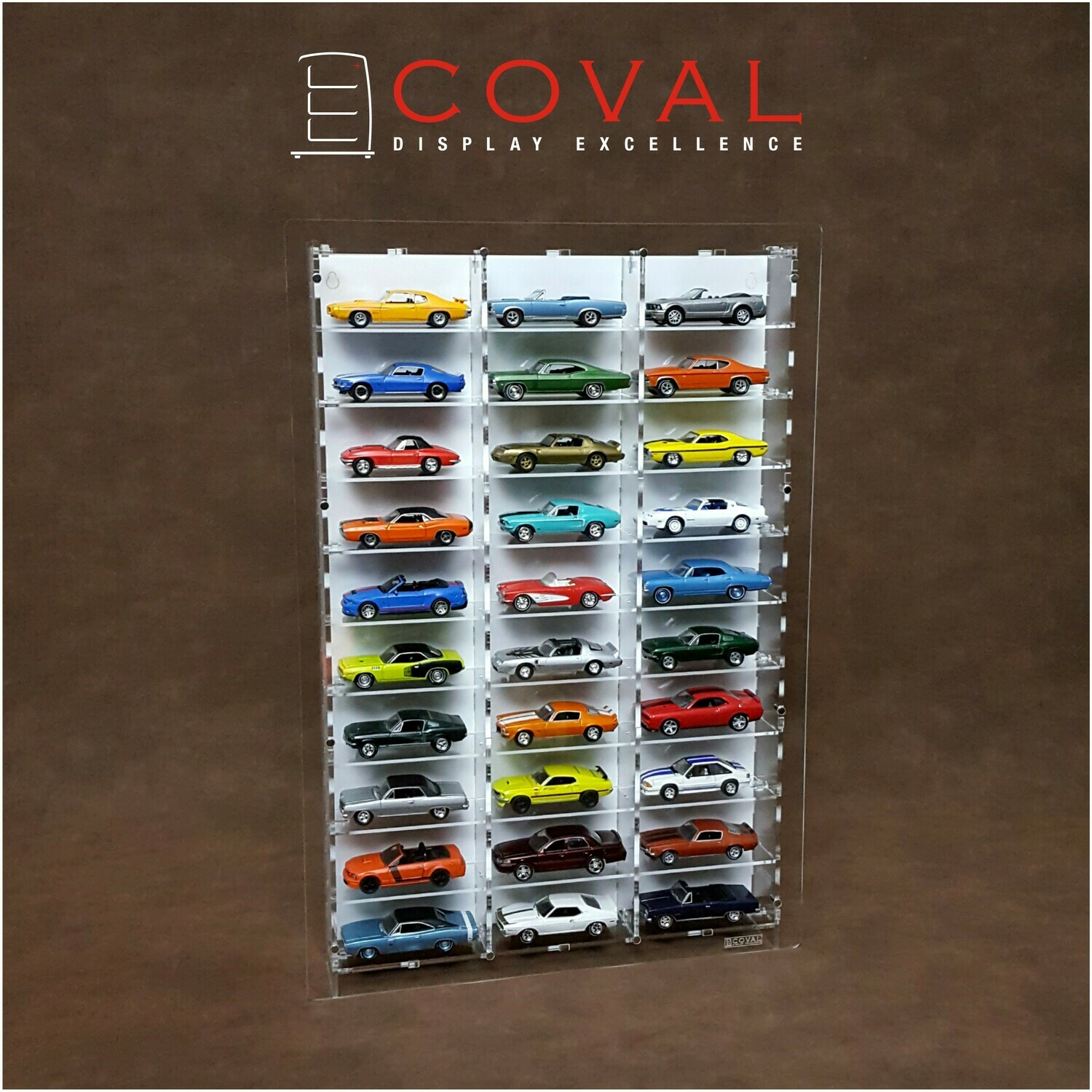 LST-310W Acrylic Wall Display for 1/64 Loose Cars Holds 30